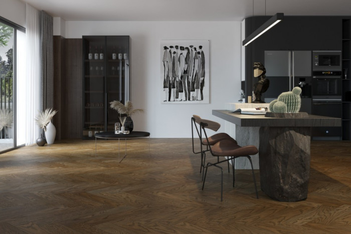 Кварцевый SPC паркет Quartz Parquet Дуб Брауни 33-413 браш Английская Ёлка (635х127х5мм)