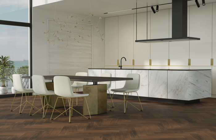 Кварцевый SPC паркет Quartz Parquet Орех Американский 33-400-29 Английская Ёлка (635х127х5мм)